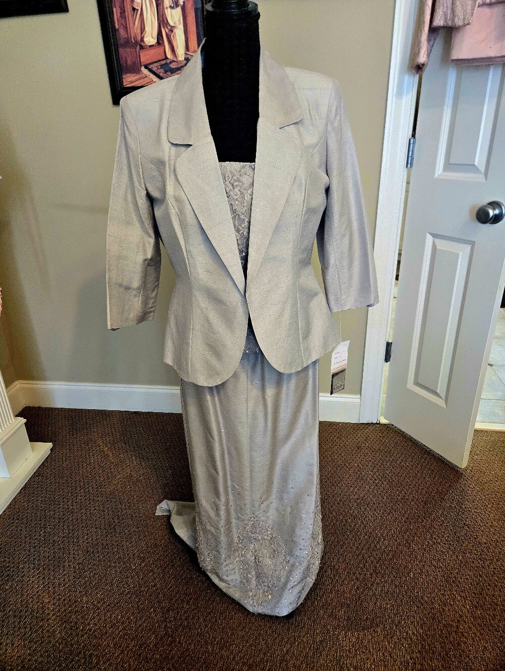 Women's Light Gray Three-Piece Formal Jacket, Vest & Skirt Set